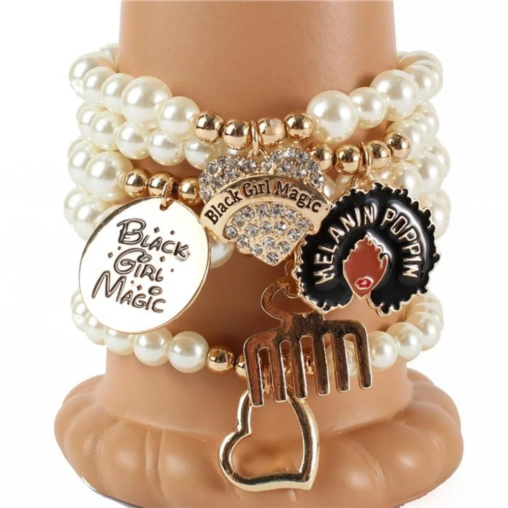 Cream Pearls Gold Pendant Charms Crystal BLACK GIRL MAGIC Beads Stretch Bracelet